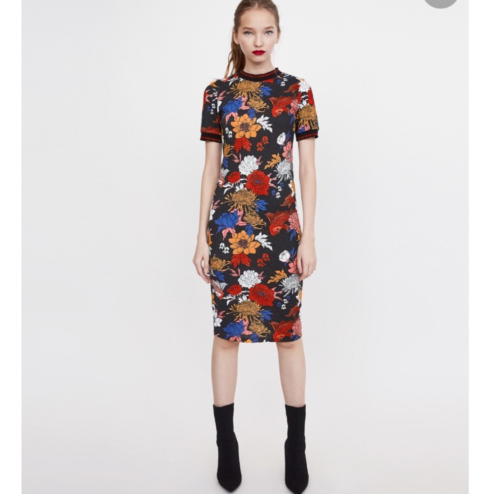 🔴SOLD🔴Zara floral print ribbed bodycon dress sz - Picture 1 of 8